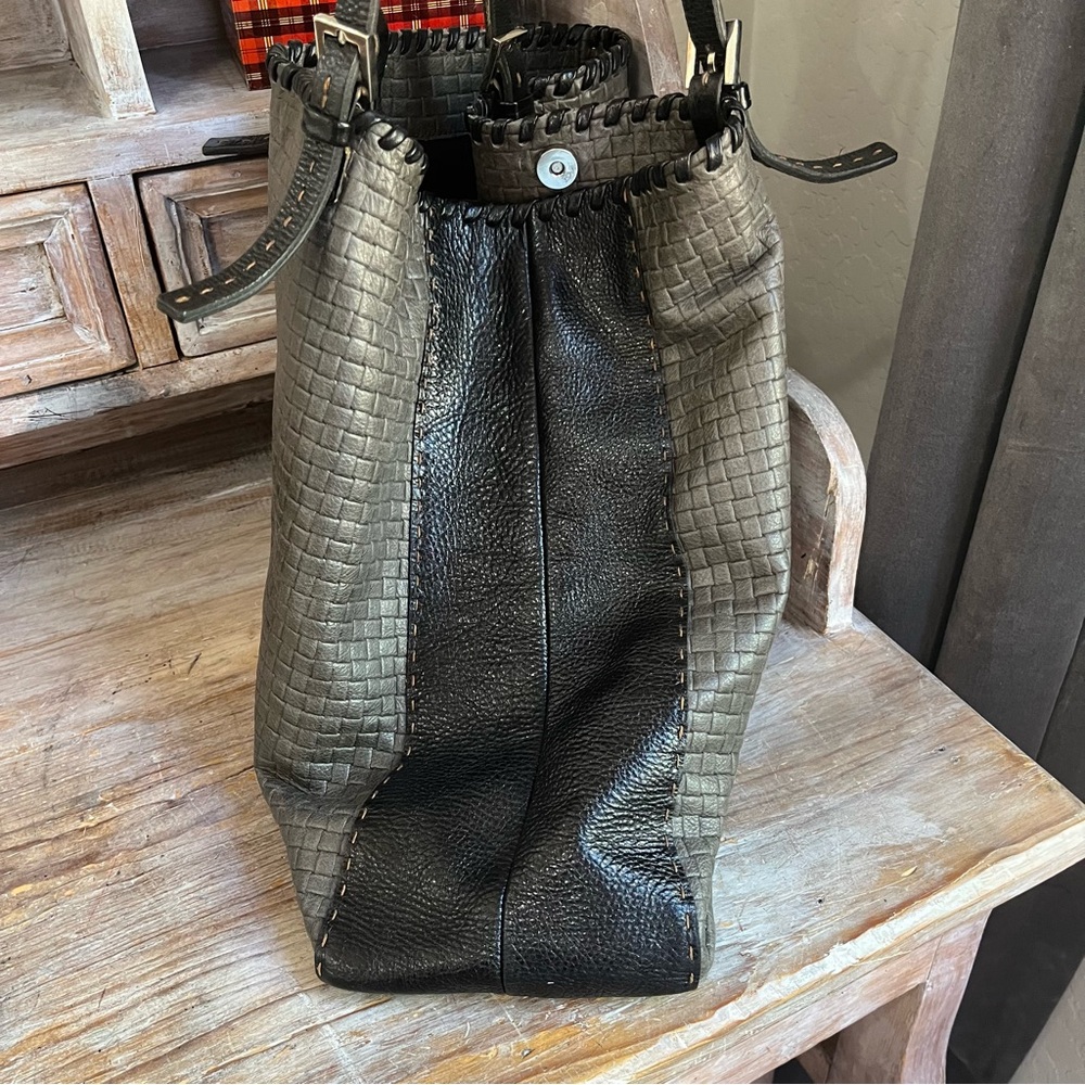 🖤🩶 Carla Mancini Large Leather Woven Tote Bag Purse Black Grey Whipstitch - Picture 3 of 15